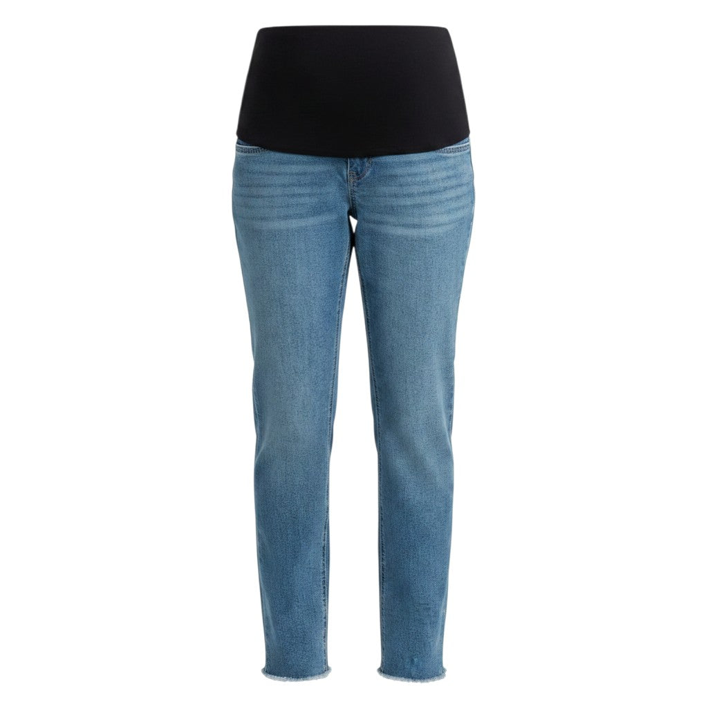 Mom & Me Boutique Samuel maternity straight leg jeans in blue denim with whiskering, frayed hems, and black bellyband.