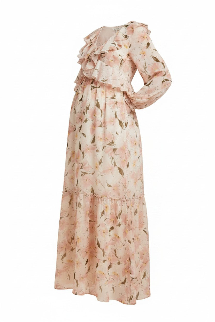 Mom & Me Boutique Mavis floral chiffon maxi dress with ruffles, voluminous sleeves, and side pockets in blush pink