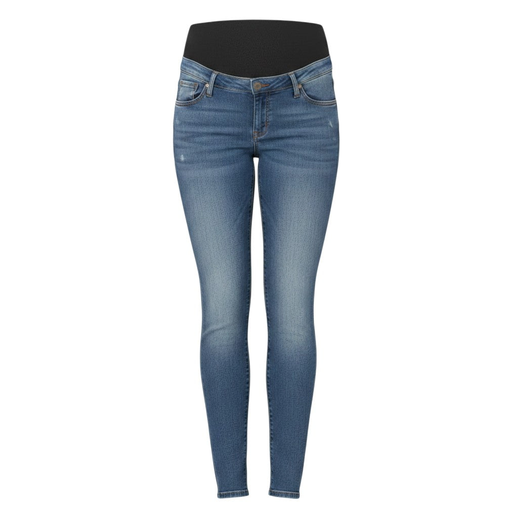 Mom & Me Boutique medium wash skinny maternity jeans with a comfortable black elastic waistband and stretchy denim.