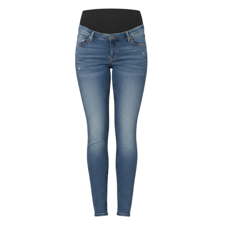 Mom & Me Boutique medium wash skinny maternity jeans with a comfortable black elastic waistband and stretchy denim.