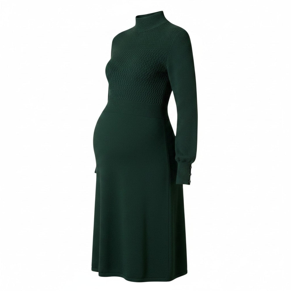 Mom & Me Boutique Mila dark green organic cotton mock neck sweater dress with textured bodice and gold cuff buttons.