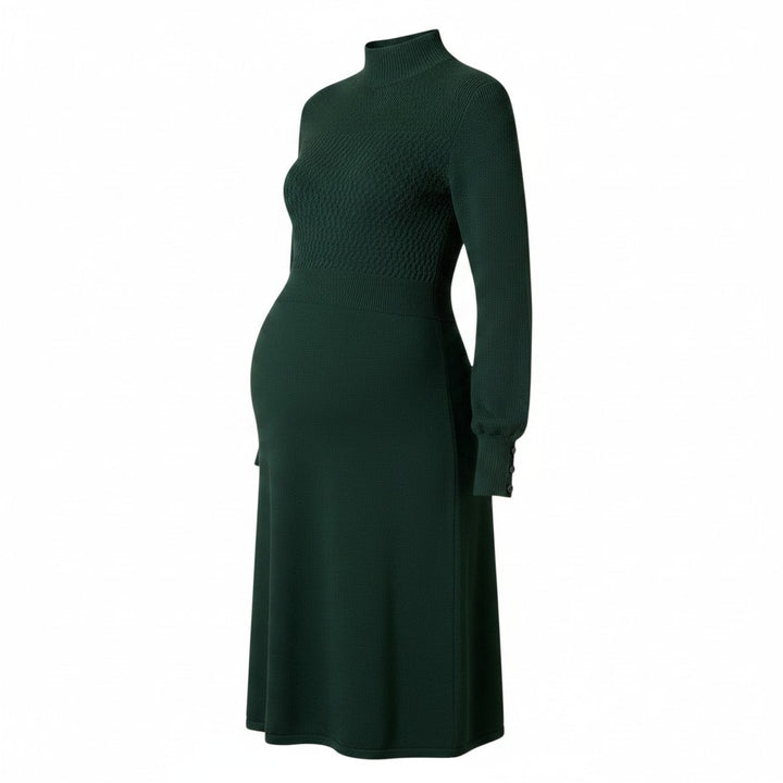 Mom & Me Boutique Mila dark green organic cotton mock neck sweater dress with textured bodice and gold cuff buttons.