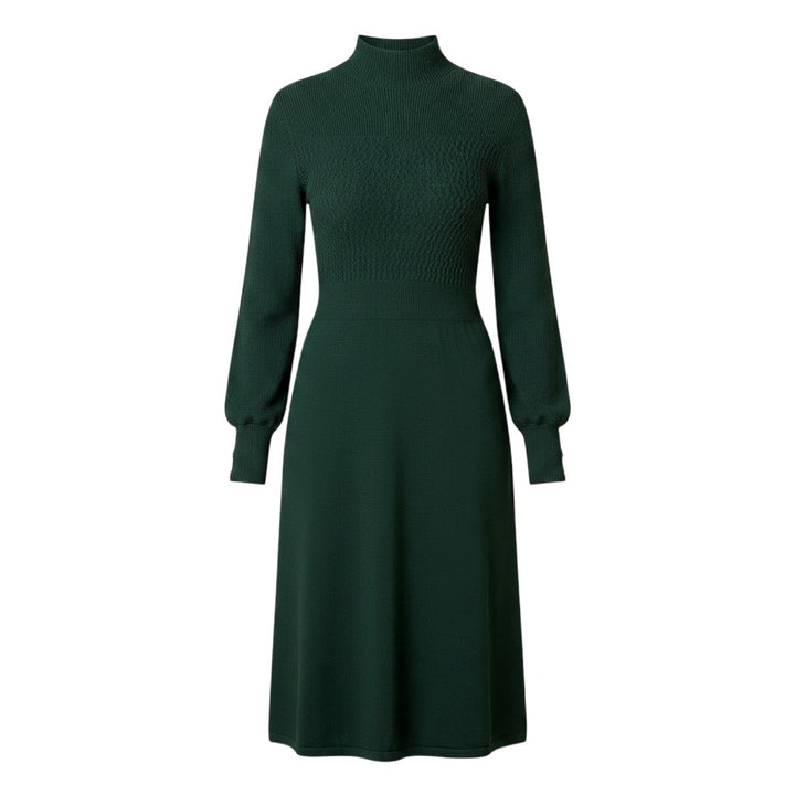 Mom & Me Boutique Mila dark green organic cotton mock neck sweater dress with textured bodice and long sleeves
