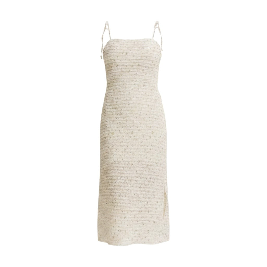 Mom & Me Boutique Milena midi dress in cream stretchy lace with ribbon shoulder ties and a side slit.