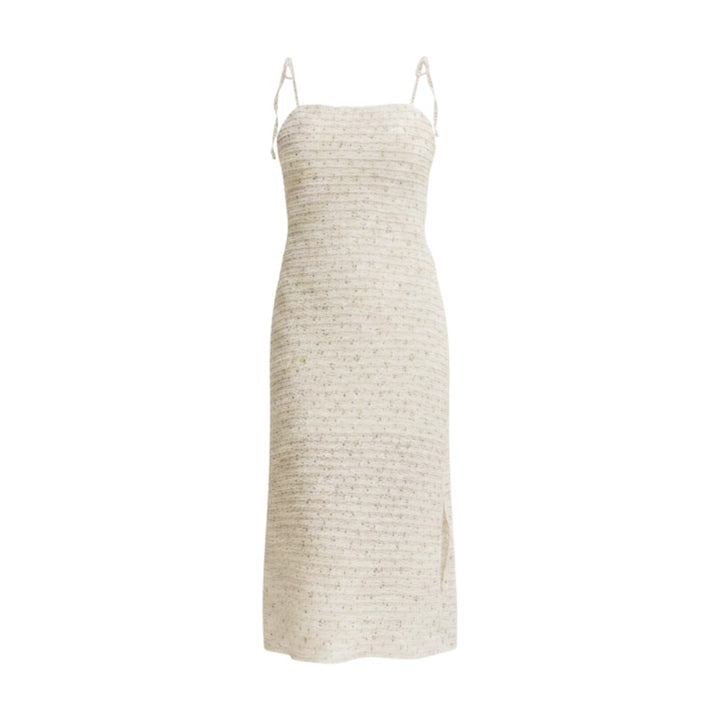 Mom & Me Boutique Milena midi dress in cream stretchy lace with ribbon shoulder ties and a side slit.