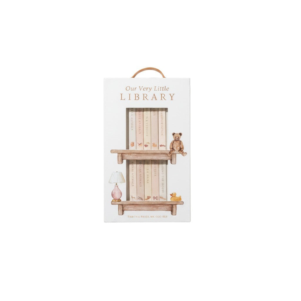 Mom & Me Boutique Our Very Little Library board book set with 10 mini books in a bookshelf-style carrying case.