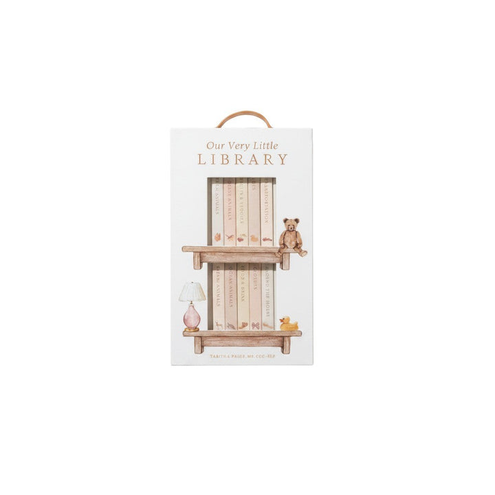 Mom & Me Boutique Our Very Little Library board book set with 10 mini books in a bookshelf-style carrying case.