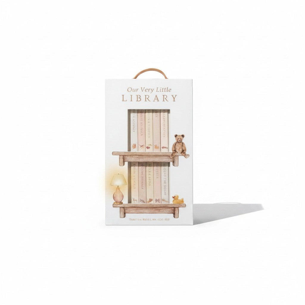 Mom & Me Boutique Our Very Little Library set of 10 mini board books in a bookshelf-style carrying case for babies.