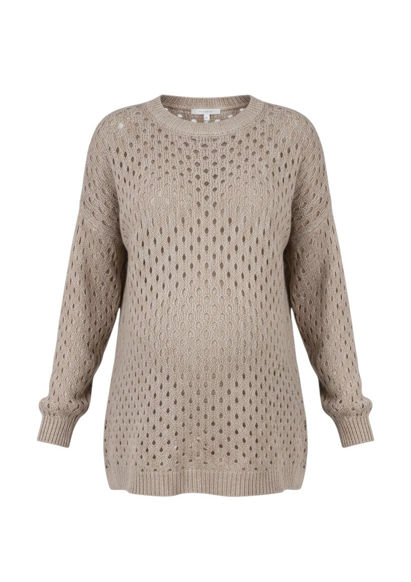 Mom & Me Boutique Minnie Top in beige 100% cotton with a relaxed fit and open crochet knit texture.