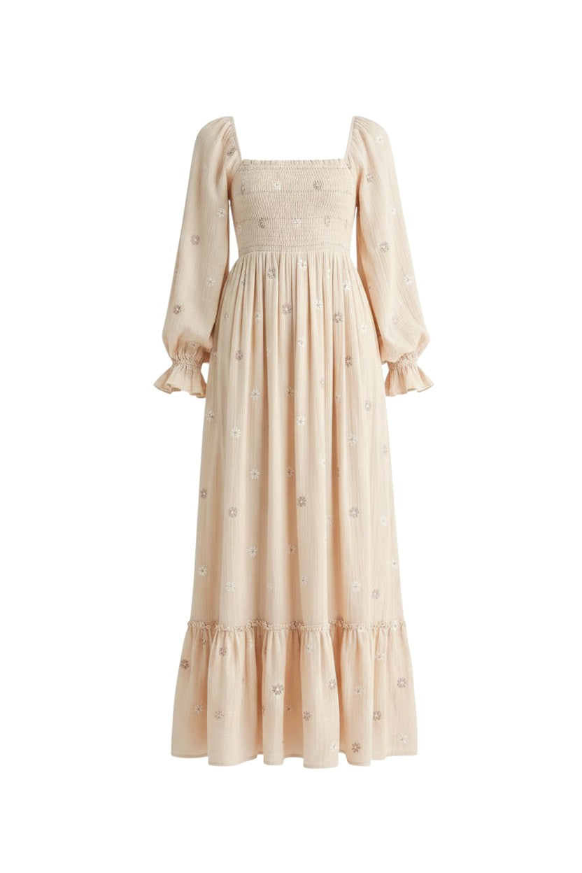 Mom & Me Boutique Miranda long sleeve cotton maxi dress in beige with all-over floral embroidery and smocked back