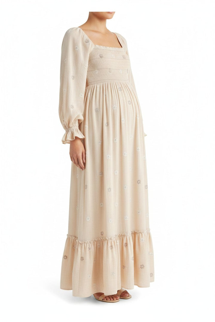 Mom & Me Boutique Miranda long sleeve maxi dress in beige cotton with delicate embroidery and smocked back detail.