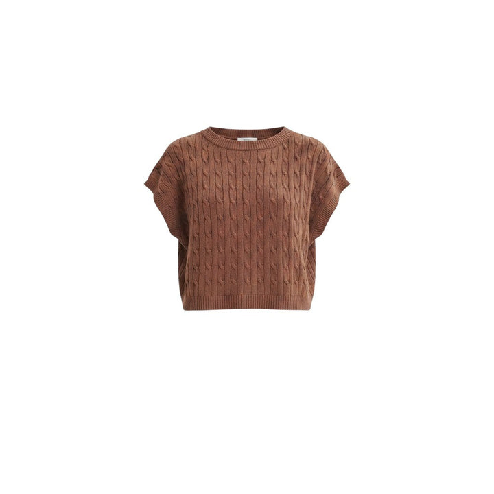 Mom & Me Boutique mocha brown cable knit sweater vest with a crew neckline and sleeveless design