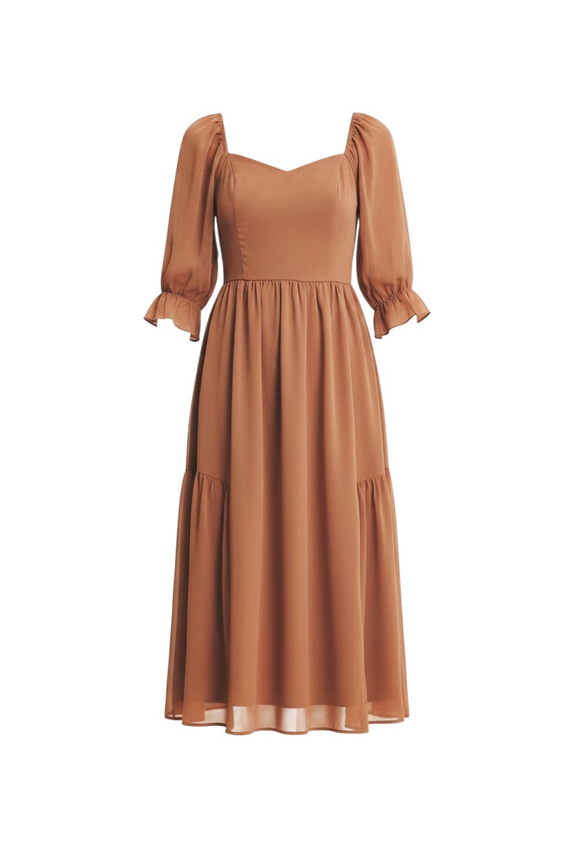 Mom & Me Boutique mocha mousse midi dress in sheer chiffon with sweetheart neckline and puff sleeves