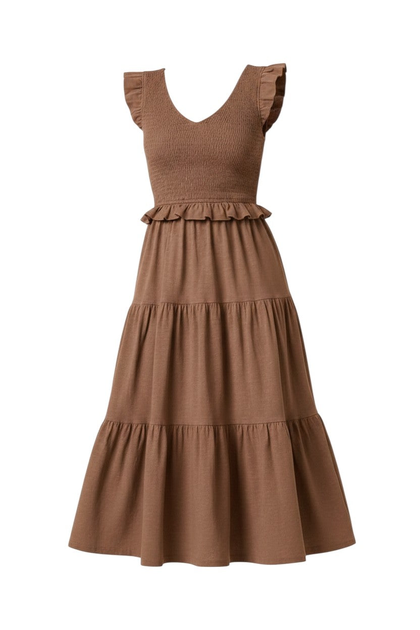 Mom & Me Boutique Josie midi dress in mocha brown cotton jersey with a V-neck, smocked bodice, and ruffle sleeves.