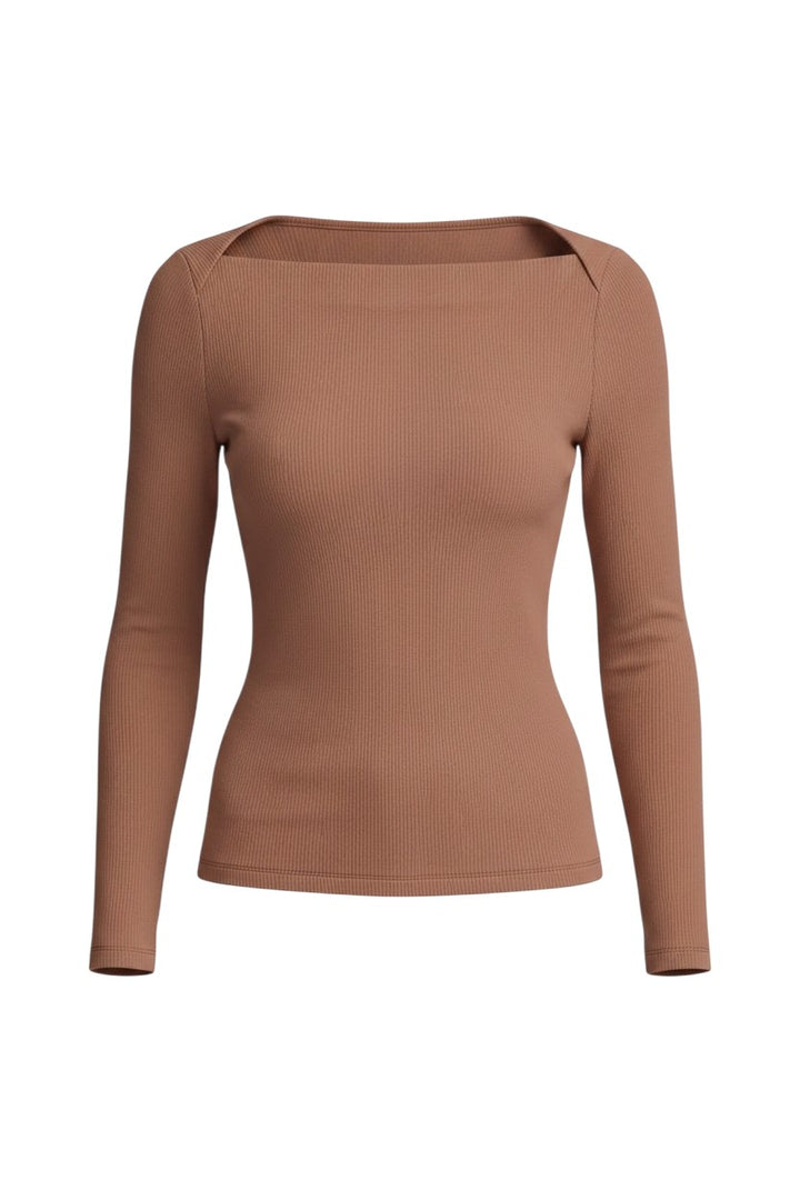 Mom & Me Boutique mocha long sleeve knit top with asymmetrical neckline and shoulder cutout detail.