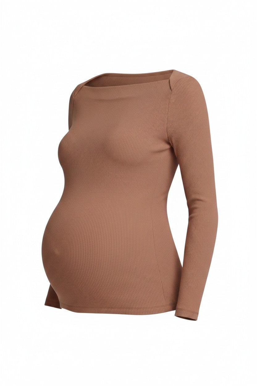 Mom & Me Boutique mocha ribbed knit maternity top with asymmetrical neckline and long sleeves