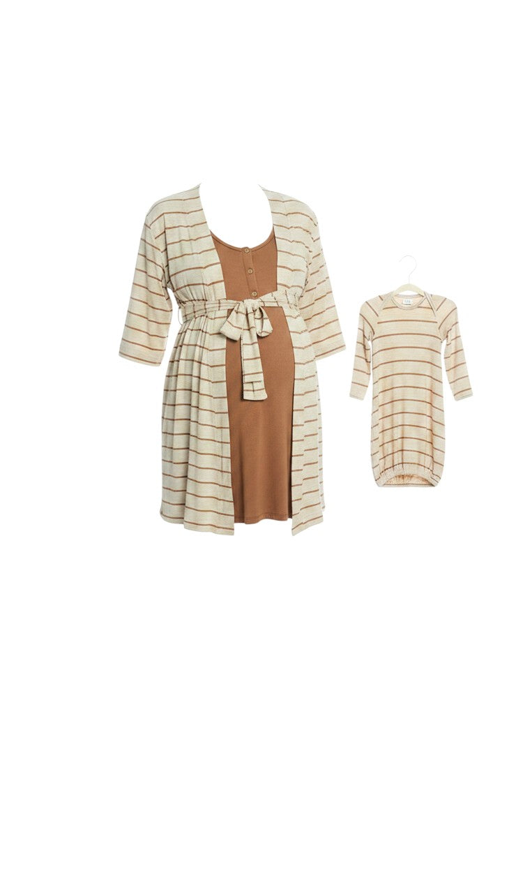 Mom & Me Boutique 4-piece mocha stripe maternity nursing nightdress, robe, and matching newborn gown and hat set.