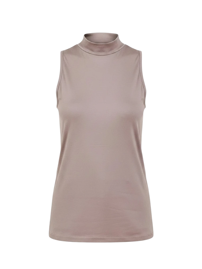Mom & Me Boutique Moriah mocha brown DTY knit tank top with a mock neck design.