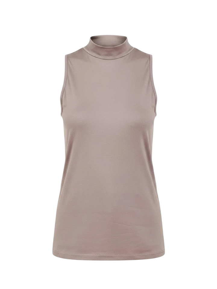 Mom & Me Boutique Moriah mocha brown DTY knit tank top with a mock neck design.