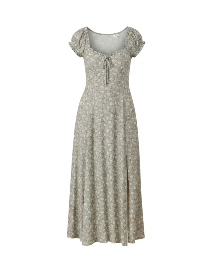 Mom & Me Boutique Nancy floral viscose midi dress in eucalyptus green with ruffle sleeves and a side slit.