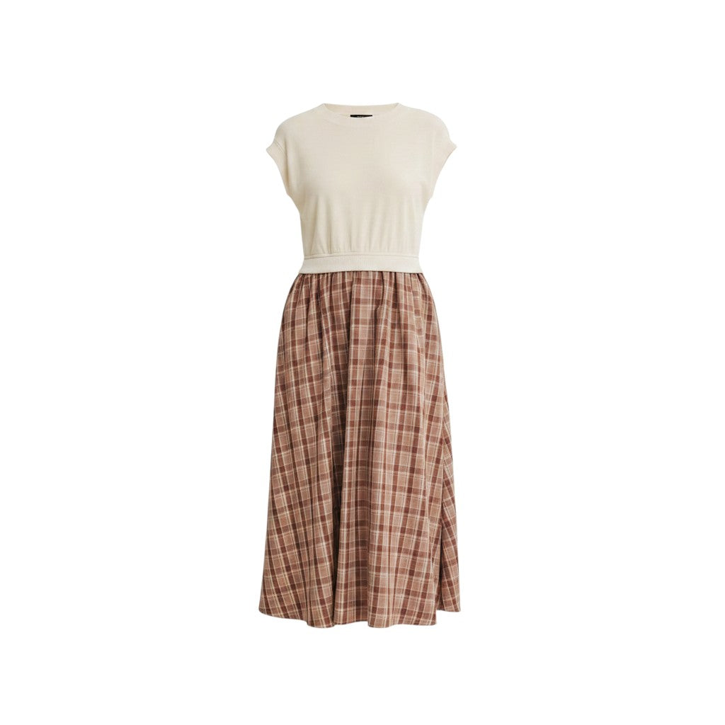 Mom & Me Boutique Naomi midi dress featuring a cream cotton top and a mocha plaid terry skirt with cap sleeves.