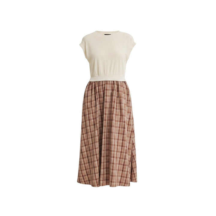 Mom & Me Boutique Naomi midi dress featuring a cream cotton top and a mocha plaid terry skirt with cap sleeves.