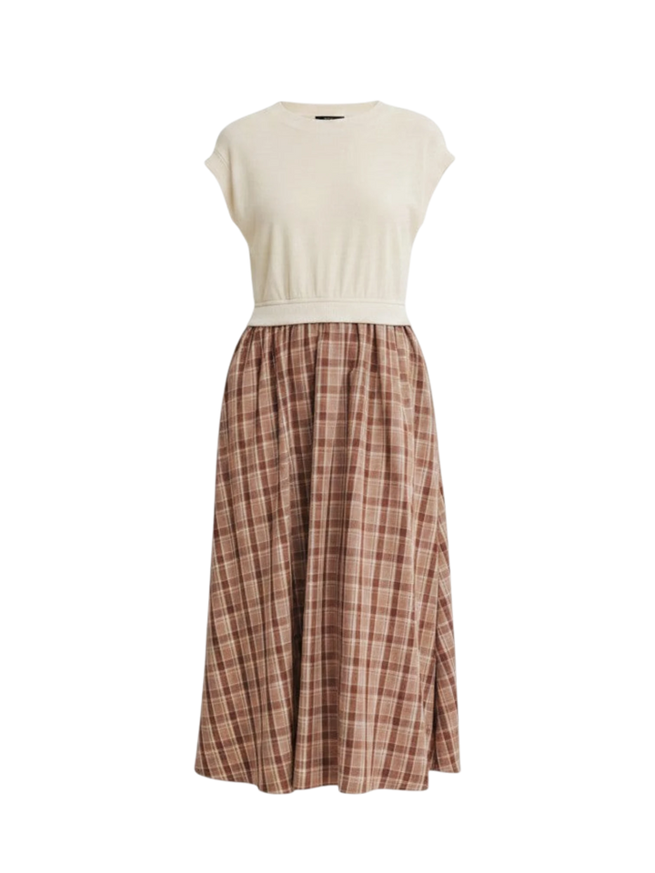 Mom & Me Boutique Naomi midi dress featuring a cream cotton cap-sleeve top and a mocha plaid terry skirt.