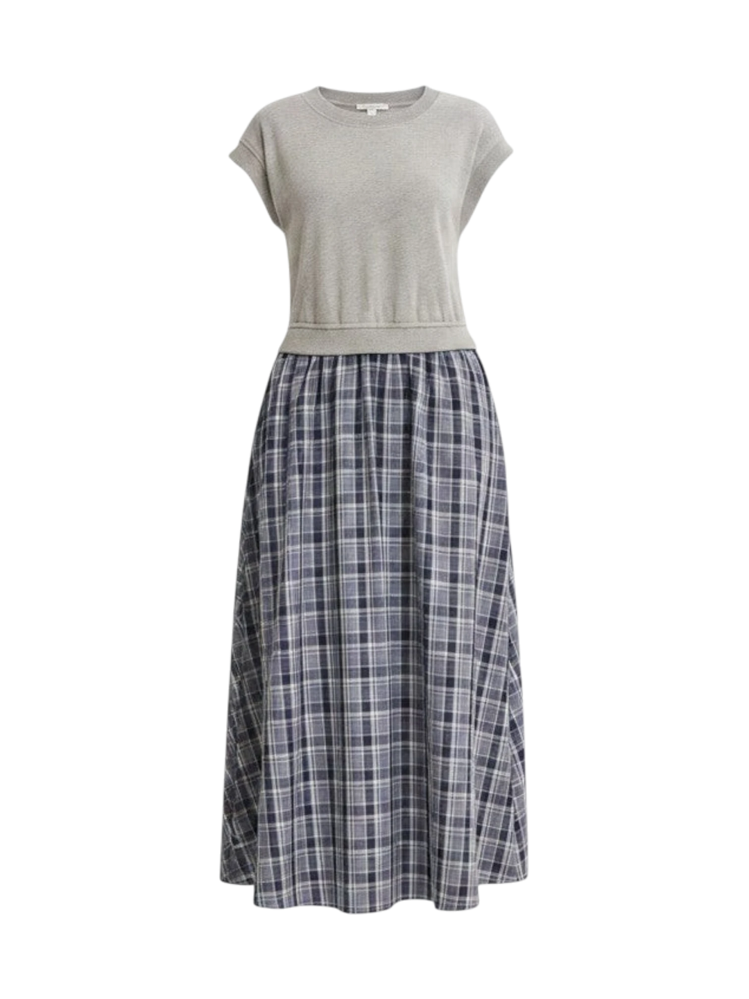 Mom & Me Boutique Naomi midi dress featuring a grey cotton terry top and a navy plaid skirt with cap sleeves.