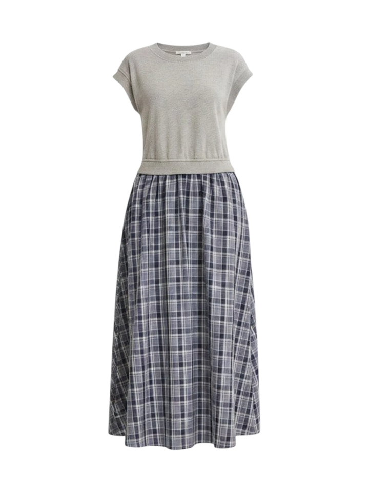 Mom & Me Boutique Naomi midi dress featuring a grey cotton terry top and a navy plaid skirt with cap sleeves.