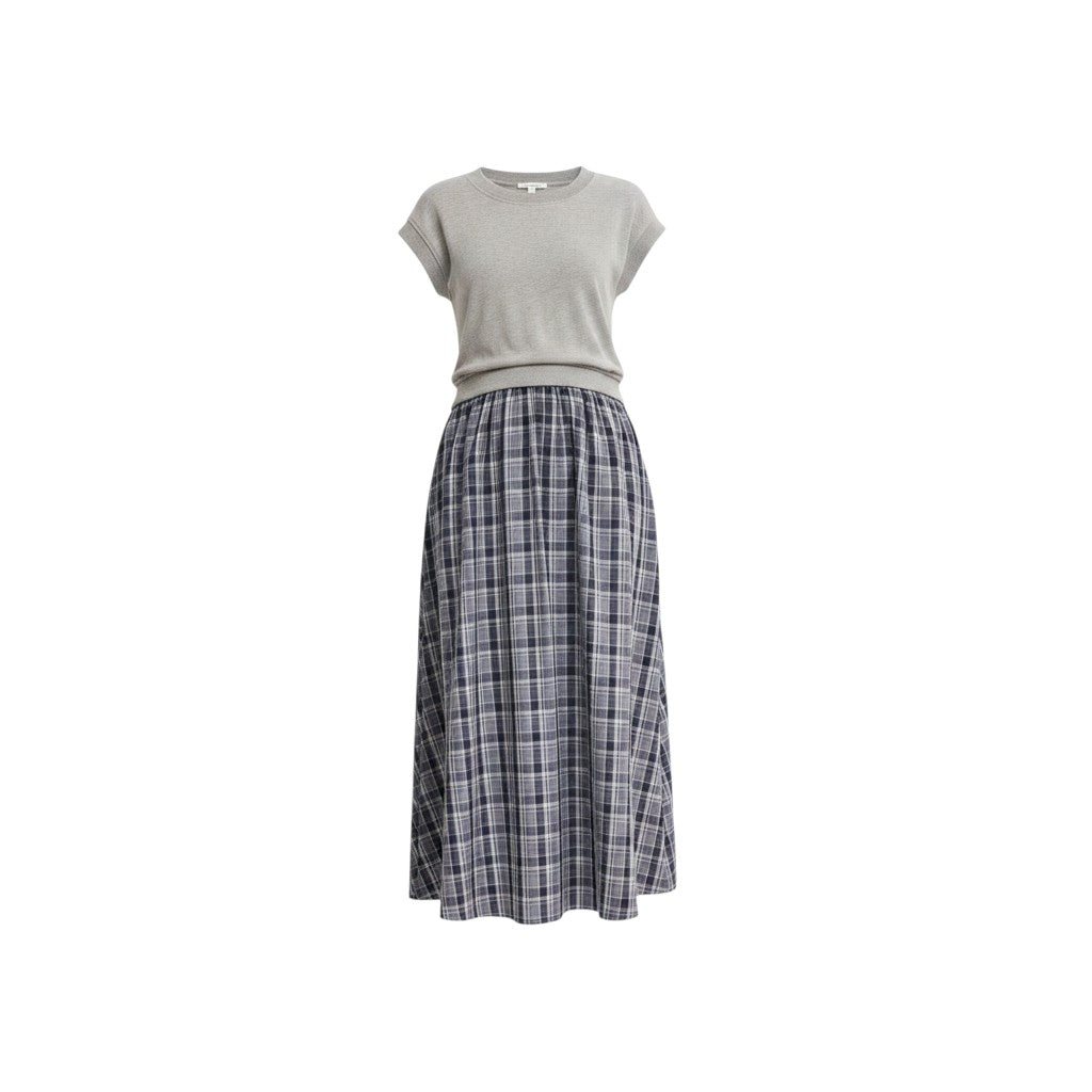 Mom & Me Boutique Naomi midi dress featuring a grey cotton terry bodice and a navy plaid skirt with cap sleeves.