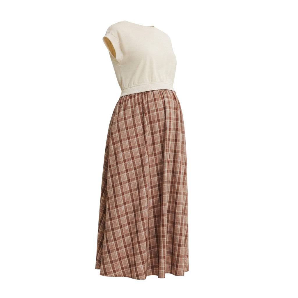 Mom & Me Boutique Naomi midi dress featuring a cream cotton bodice and a mocha plaid terry skirt with cap sleeves.