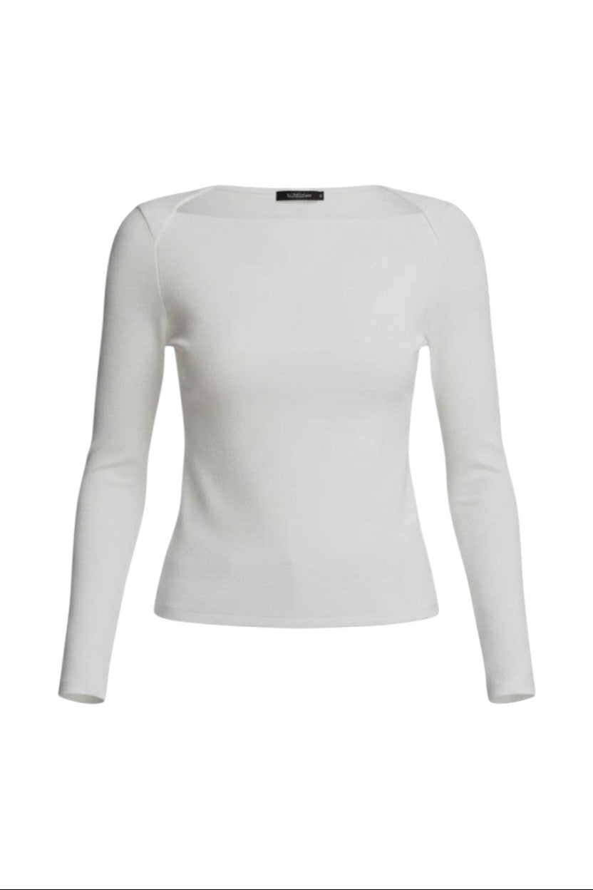 Mom & Me Boutique Nora off-white long sleeve knit top with asymmetrical neckline and shoulder cutout detail