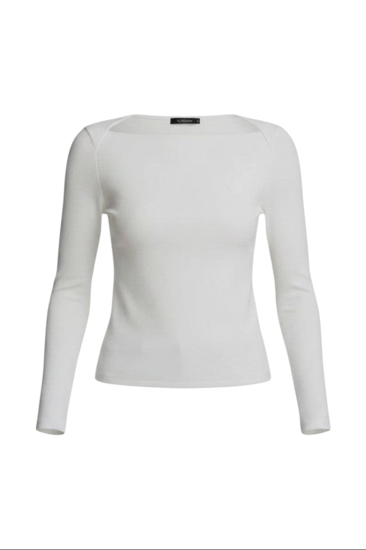 Mom & Me Boutique Nora off-white long sleeve knit top with asymmetrical neckline and shoulder cutout detail