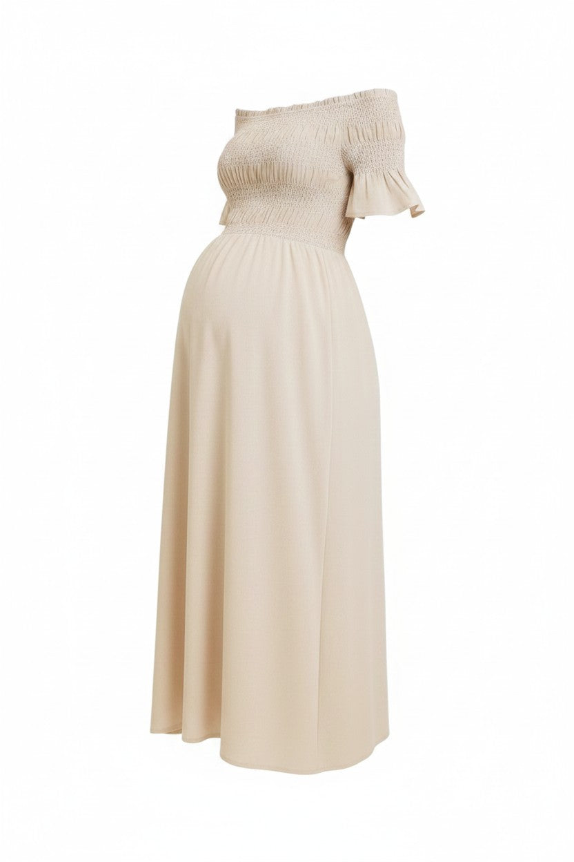 Mom & Me Boutique oatmeal linen blend off-shoulder maternity maxi dress with smocked bust and short flutter sleeves