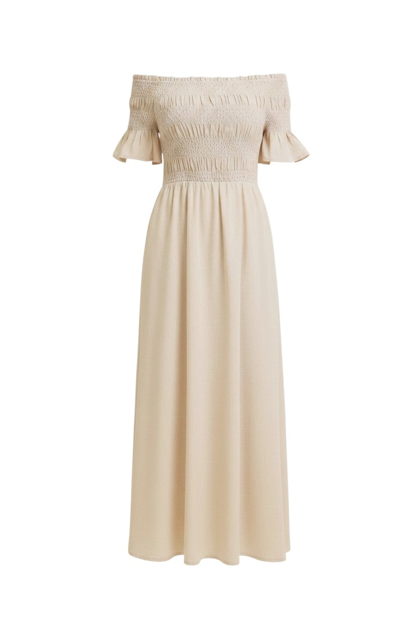 Mom & Me Boutique Lexi oatmeal linen blend off-shoulder maxi dress with smocked bust and ruffled sleeves
