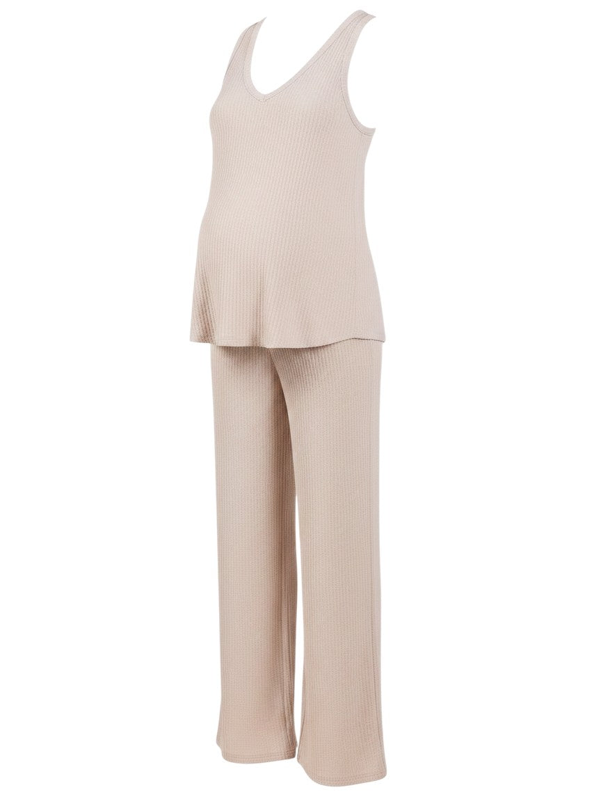 Mom & Me Boutique oatmeal heavyweight rib knit maternity tank top and wide-leg pants set in 100% polyester