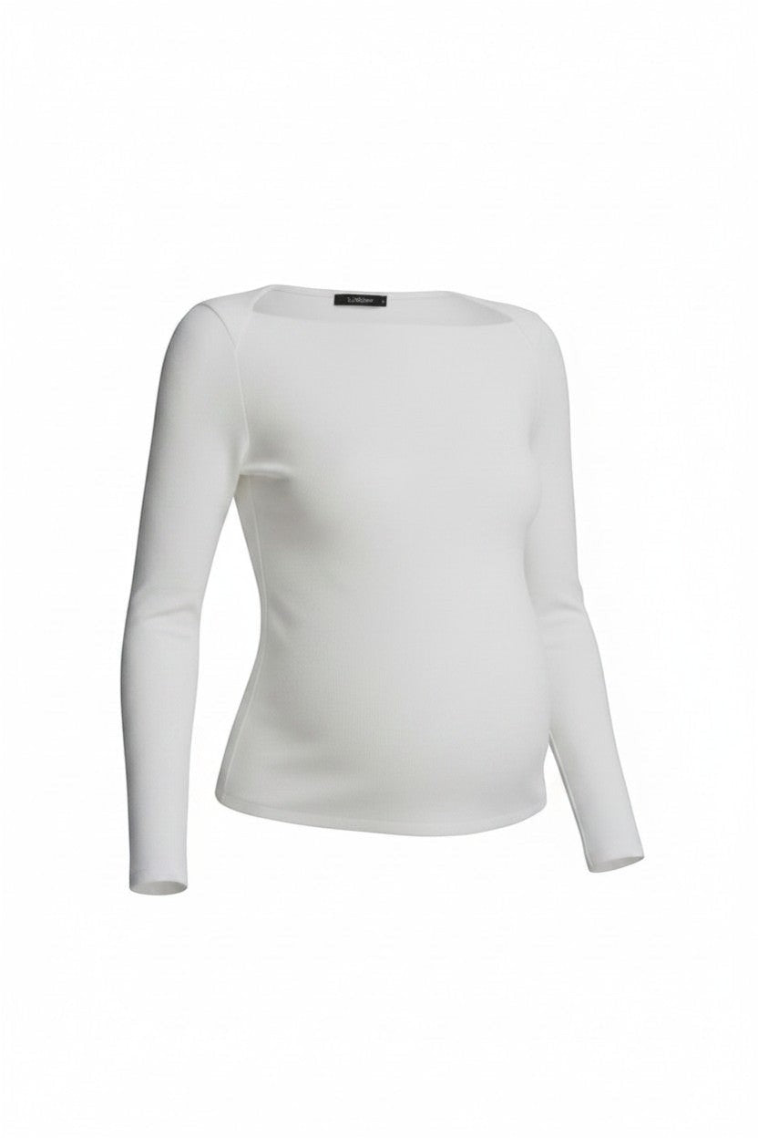 Mom & Me Boutique off white long sleeve knit top with asymmetrical neckline and shoulder cutout detail