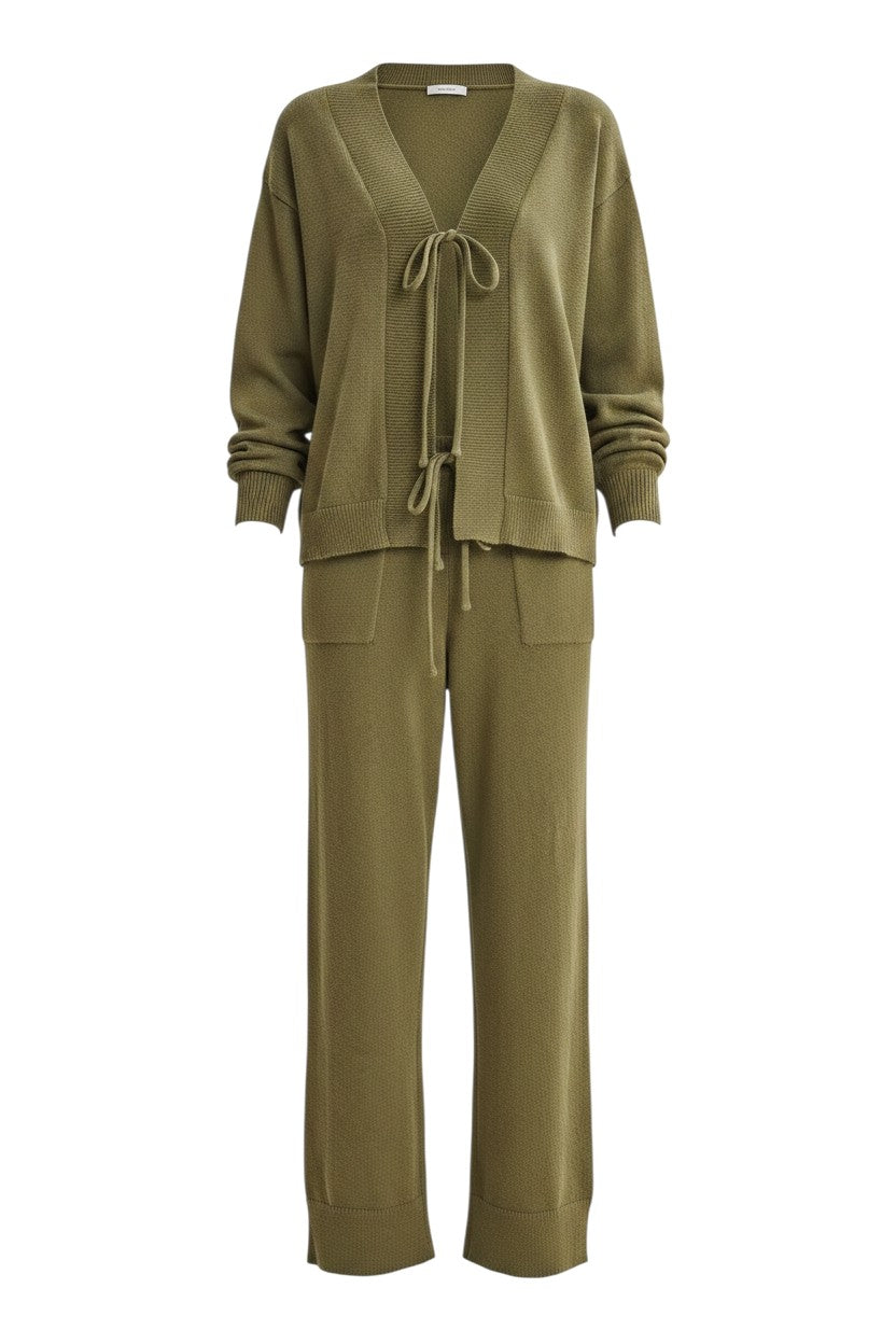 Mom & Me Boutique olive green cotton knit lounge set with a front-tie cardigan and relaxed fit pants.