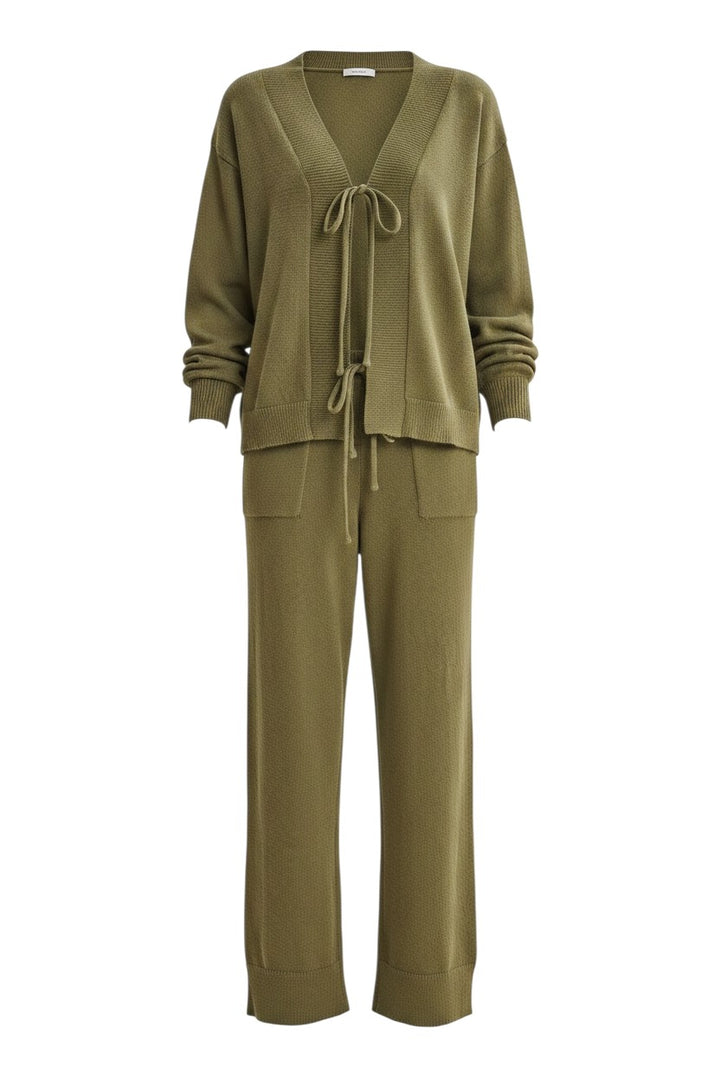 Mom & Me Boutique olive green cotton knit lounge set with a front-tie cardigan and relaxed fit pants.