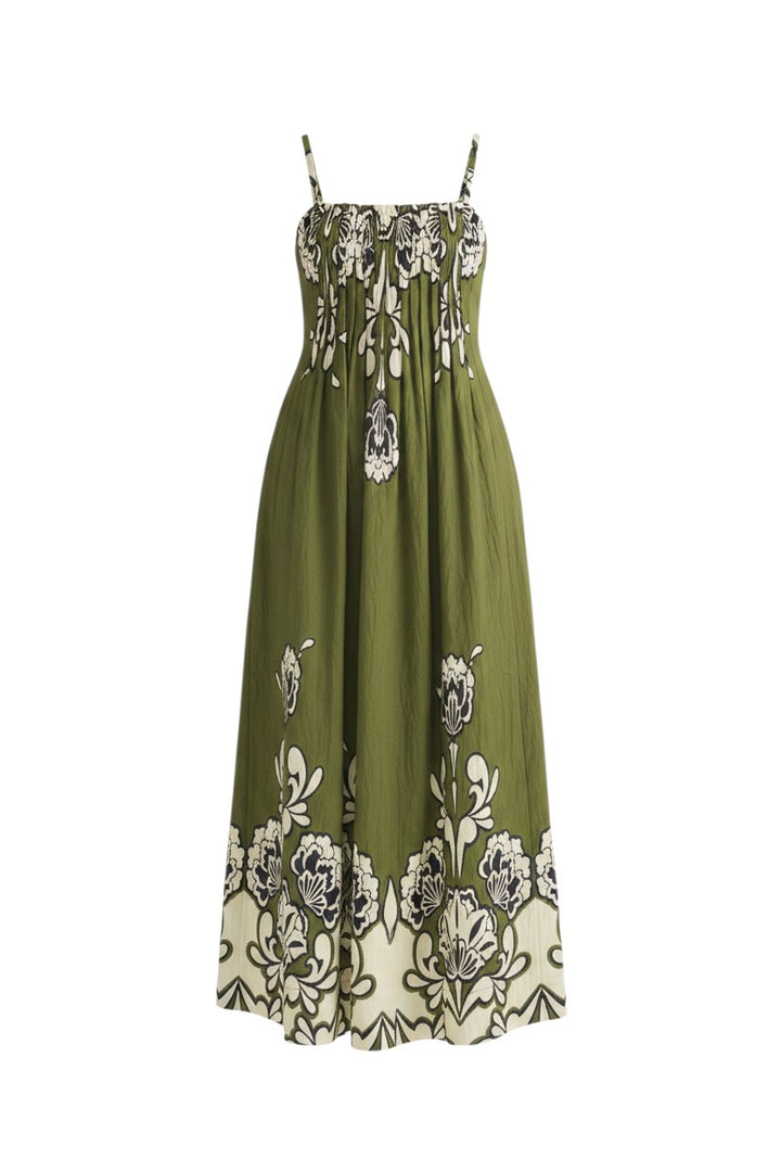 Mom & Me Boutique Lillie sleeveless maxi dress in olive green with a white floral print and straight neckline