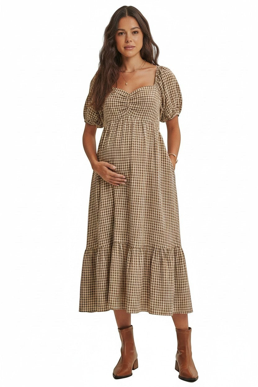 Mom & Me Boutique Reeva olive mocha plaid midi dress with sweetheart neckline, puff sleeves, and tiered skirt.