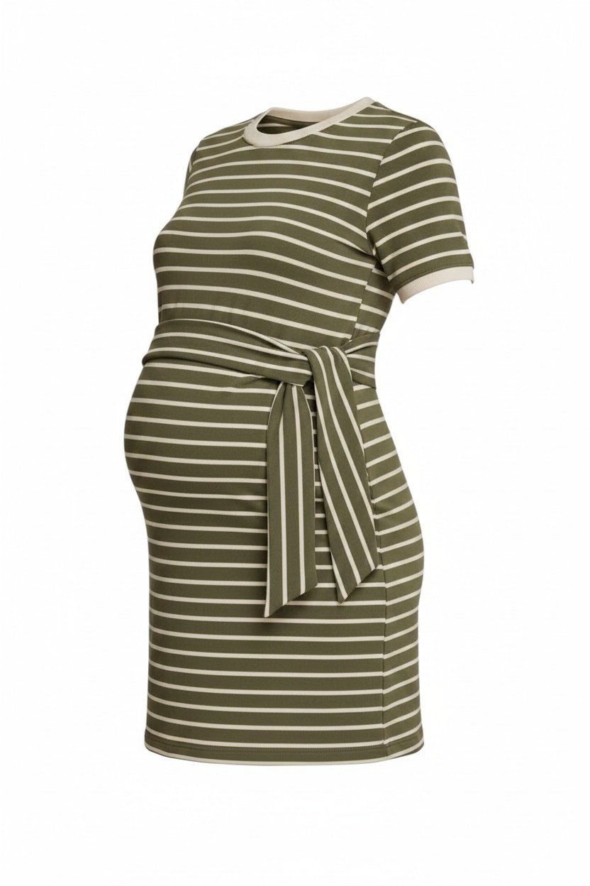 Mom & Me Boutique olive stripe mini dress with short sleeves, round ribbed neckline, and a self-tie waist detail.