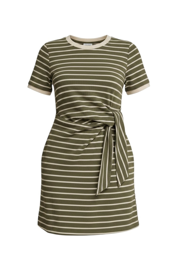 Mom & Me Boutique olive and white striped mini dress with short sleeves, round ribbed neckline, and tie waist detail.