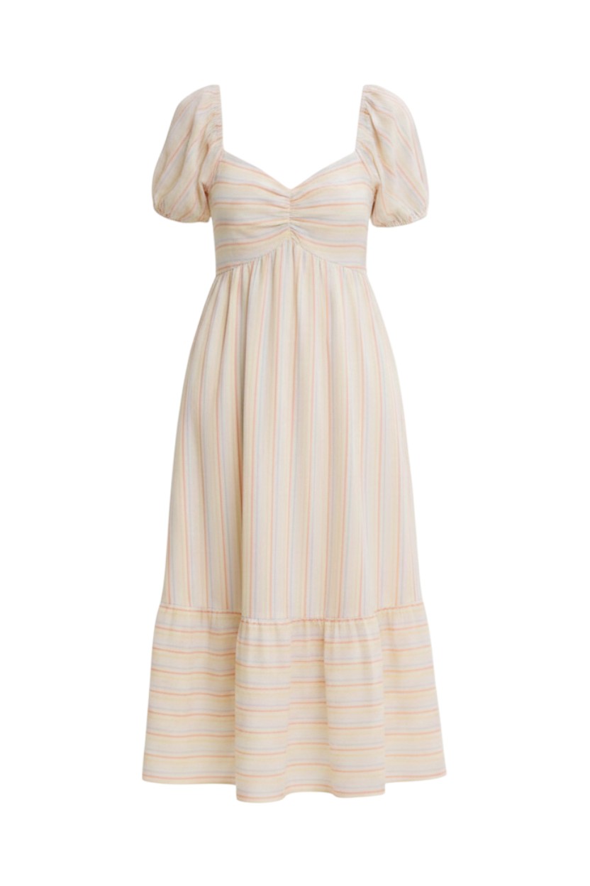Mom & Me Boutique Edie midi dress in pastel striped cotton with sweetheart neckline, puff sleeves, and smocked bodice.