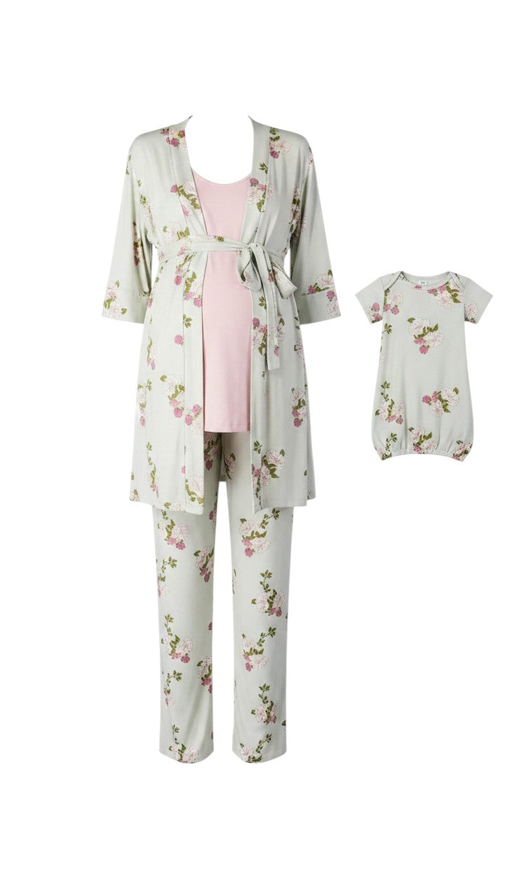 Mom & Me Boutique 5-piece peony floral maternity nursing set with matching newborn gown and hat in soft rayon blend.