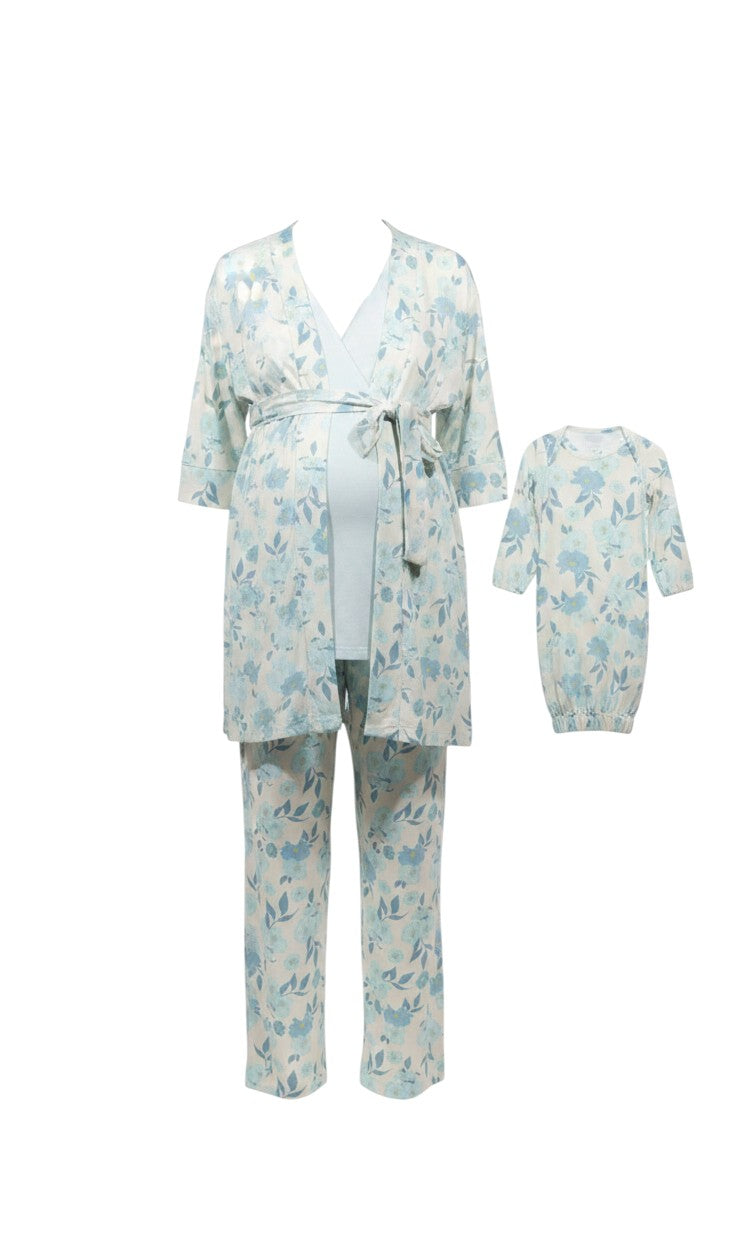 Mom & Me Boutique 5-piece periwinkle floral maternity nursing set with matching newborn gown and hat in rayon spandex.