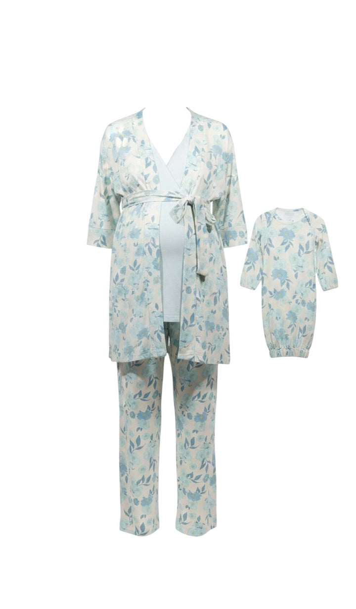 Mom & Me Boutique 5-piece periwinkle floral maternity nursing set with matching newborn gown and hat in rayon spandex.