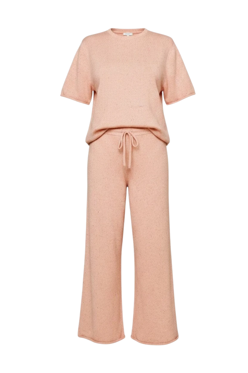 Mom & Me Boutique petal pink cotton knit set featuring a short-sleeve top and wide-leg trousers with rolled edges.