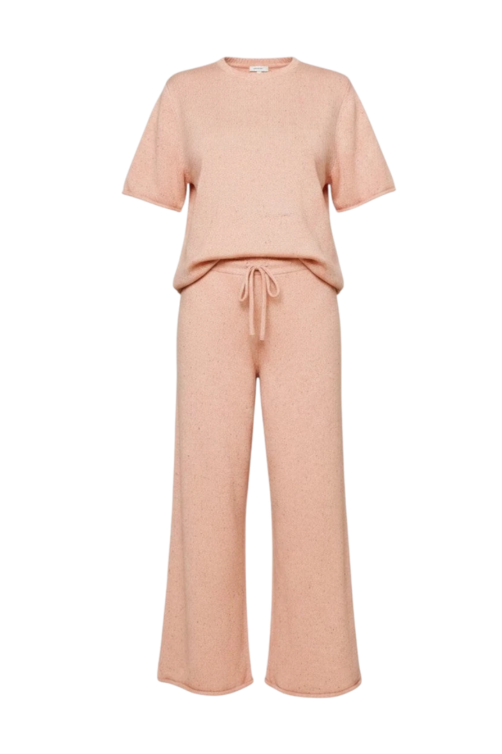 Mom & Me Boutique petal pink cotton knit set featuring a short-sleeve top and wide-leg trousers with rolled edges.
