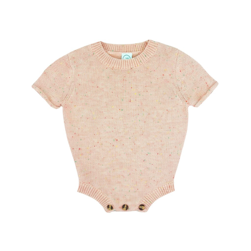 Mom & Me Boutique petal pink cotton knit onesie with colorful speckles and bottom button closure for infants.